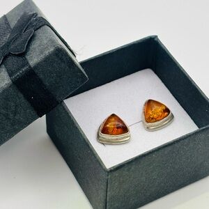 Vintage Amber & Sterling Silver Stud Earrings | Baltic Style | Artisan Jewelry